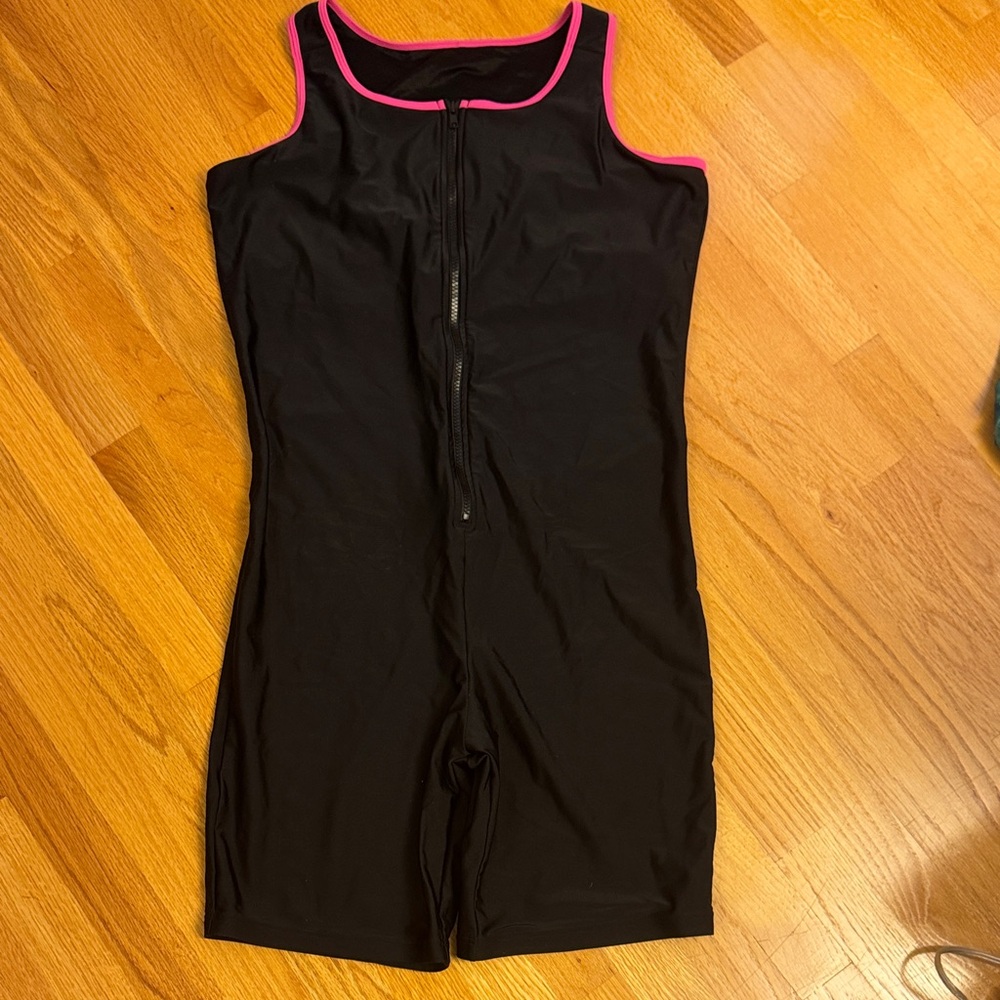 Black Front-Zip Swim Suit with Pink Trim